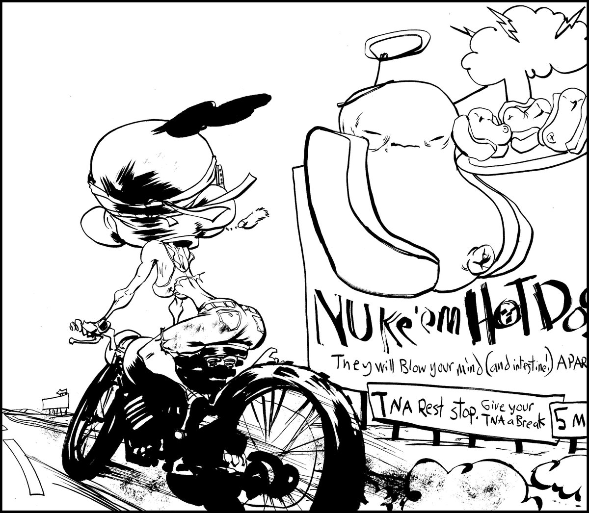 Jack_Stewart's tweet photo. #NukemHotDogs!
Get 'em while they're hot!
Sneak peek at the upcoming @nuclearnerds comic book from @AdamArcherArt and me!
#Inks #comcis #madness https://t.co/0KFtooDqql