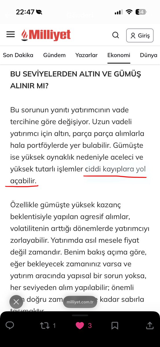 20 ocak 2026 tarihinde <a href="/milliyet/">milliyet.com.tr</a> de yayınlanan <a href="/onurtopkan/">Onur Topkan</a> röportajında gümüş için uyarıda bulunmuştum. Lütfen yatırımcılar uzmanların görüşlerini takip etsin. Tasarruflarını arttırmak isterken kaybetmesinler… #gümüş #altın #silver #gold #anlık durum✨