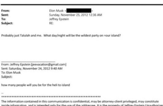 Gadget440's tweet image. Elon Musk to Jeffrey Epstein: "What day/night will be the wildest party on your island?" 

Elon has previously denied any involvement with Epstein or visits to his island. His emails in the latest files say otherwise.