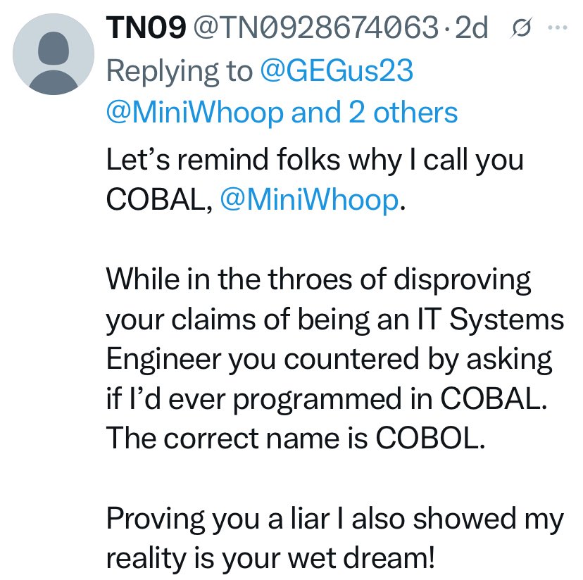 TN0928674063's tweet photo. @MiniWhoop @fedmech @cspanwj More Grok input in lieu of any meaningful insight of your own, #COBAL?
You should have studied in school instead of being an alcoholic drug addict!
Perhaps then you could have become the IT Systems Engineer you’ve proclaimed to be; proven wrong by me! https://t.co/0cjU5hJ567