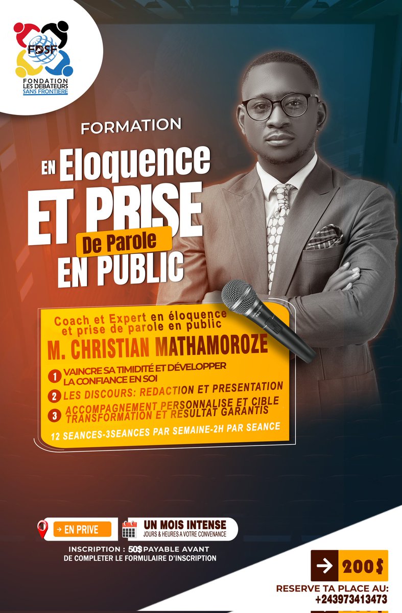 Christian_Mugis's tweet photo. Je commence un nouveau coaching intensif en ÉLOQUENCE et PRISE DE PAROLE EN PUBLIC ce 03 Fevrier au SILIKIN VILLAGE.
Je vais offrir à cette dame une place gratuitement.
Quiconque la connait peut me mettre en contact avec elle.
Voici mon WhatsApp +243973413473

@AlainMake20 @afrikapromotion @KimKimuntu @alainmwamba @seigneurCHRIS01 @MuadiLaeticia @central_sage @chauffeur243 @GraceKutino @mbotecd @JPCongolais @LMunzemba