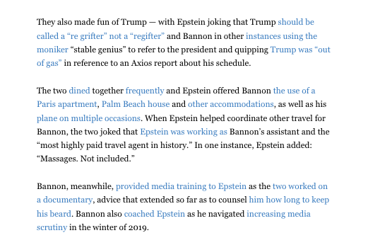 NEW: An early takeaway as we comb through the mega-release of Epstein Files:

-His relationship with Steve Bannon was extensive, warm and showed the two using each other to wield power around the world and in the US. They mocked Trump and discussed Bannon's strategy to distance