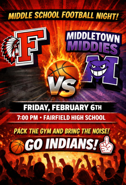 Fairfield_FB's tweet photo. Class of 2030 Fairfield Football Players you are invited to our welcome celebration this Friday February 6th to watch the Fairfield Indians take on the Middletown Middies. @rodenjustin @tylerelrod10 @hembree_john @CoachStewFF @CoachStewart70 @CoachJeff5_ @fcsdathletics https://t.co/lVEGuFMTHk