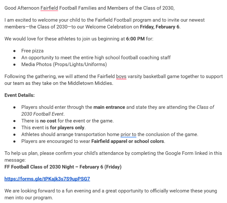 Fairfield_FB's tweet photo. Class of 2030 Fairfield Football Players you are invited to our welcome celebration this Friday February 6th to watch the Fairfield Indians take on the Middletown Middies. @rodenjustin @tylerelrod10 @hembree_john @CoachStewFF @CoachStewart70 @CoachJeff5_ @fcsdathletics https://t.co/lVEGuFMTHk