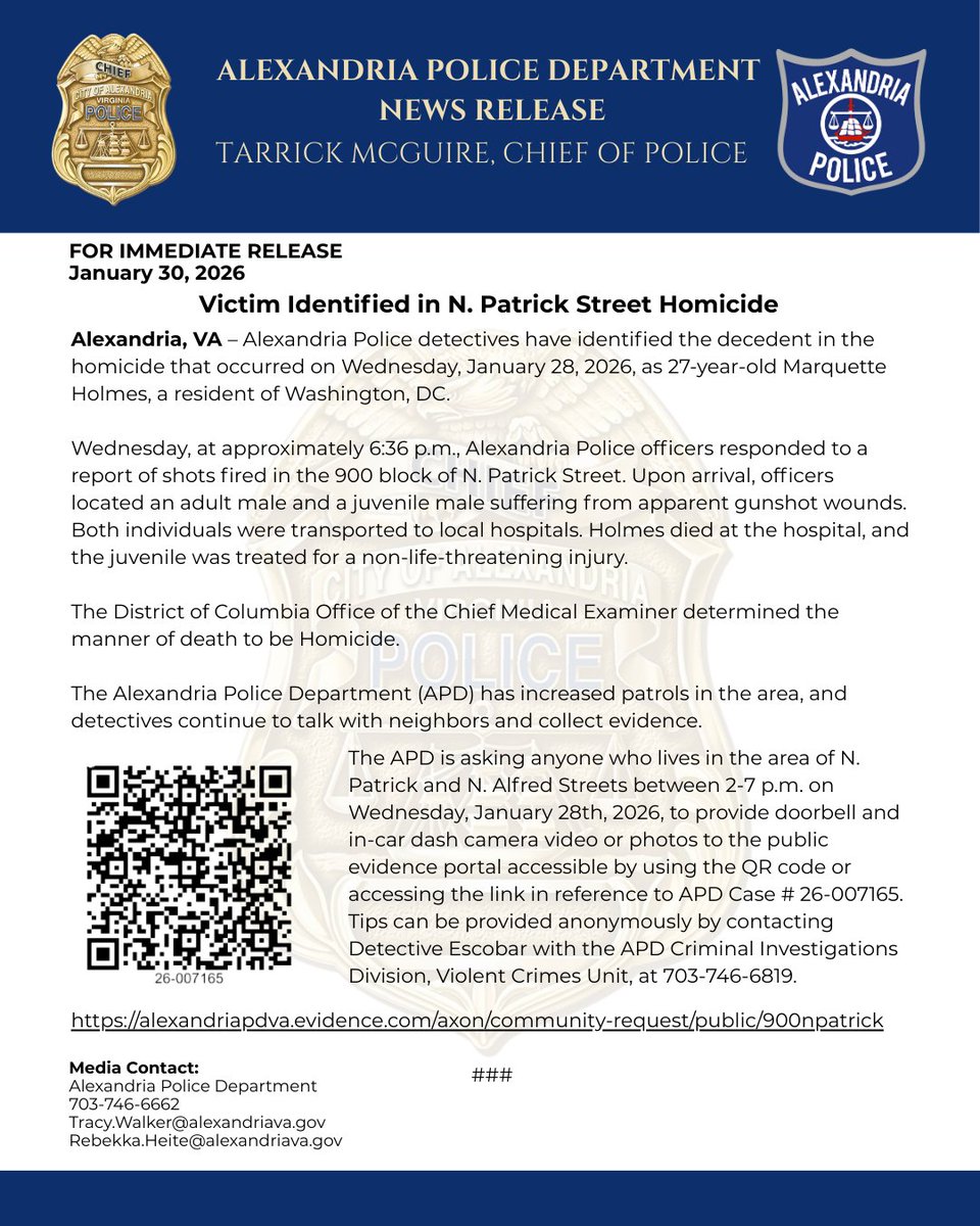 AlexandriaVAPD's tweet image. APD has identified the victim in the Jan. 28 homicide &amp;amp; is asking anyone who lives/was in the area of N. Patrick and N. Alfred Streets between 2-7 p.m. on January 28th to provide video or photos to the public evidence portal here: bit.ly/3OdqQq2.

#OneAPD #OneAlexandria