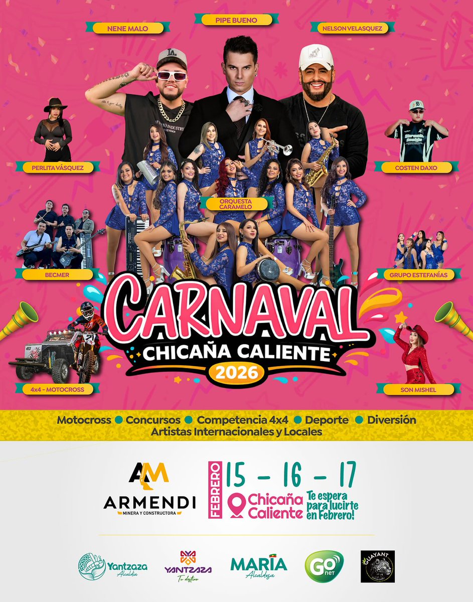 Yantzazaturismo's tweet image. ¡Carnaval Chicaña Caliente 2026!

Del 15 al 17 de febrero, Yantzaza reúne artistas internacionales y nacionales, motocross, competencia 4x4, concursos y diversión total.
¡Vive el carnaval más caliente del sur!
#ChicañaCaliente #Carnaval2026 #Yantzaza #YantzazaTuDestino