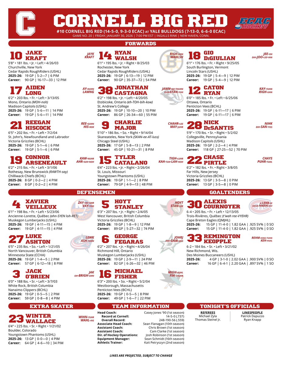 Lines for Cornell tonight at Yale. Luke Devlin is not in the lineup, and Connor Arseneault takes his place on Catalano’s wing.