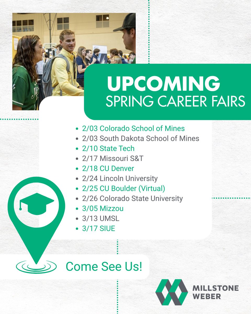 Calling all students! 📣
We’re excited to be attending several upcoming Spring Career Fairs and would love to meet you! Stop by our table to learn more about internship and full-time opportunities, ask questions, and see where a career in construction can take you!
We can’t wait