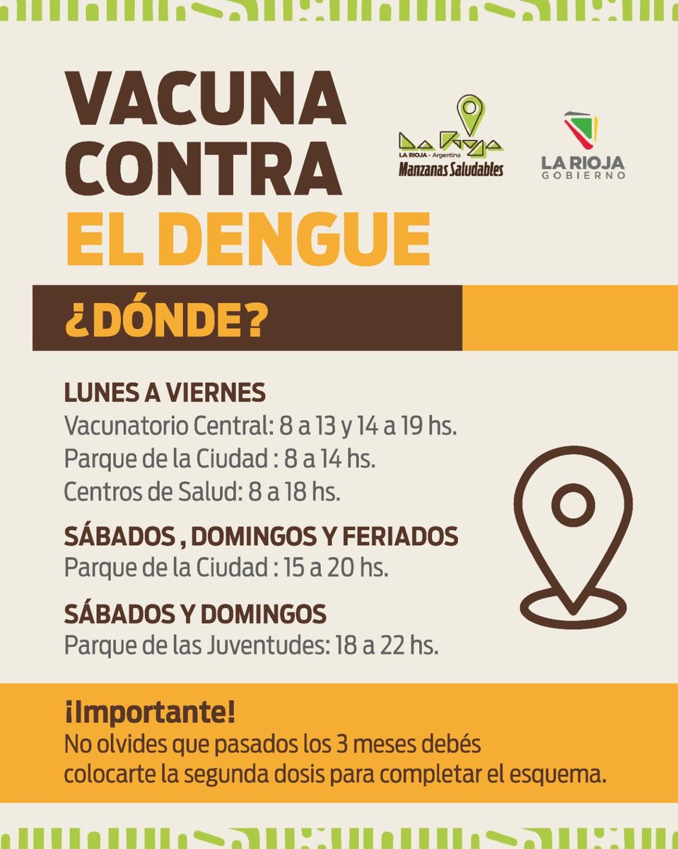 💉 Desde este lunes 2 de febrero comienza la vacunación contra el dengue para personas de 15 a 59 años. Podés vacunarte gratis, con o sin antecedentes y sin orden médica.

La vacuna se aplica en 2 dosis, con un intervalo mínimo de 3 meses. ✅

📍 Vacunatorios y horarios:
▪️ Lunes