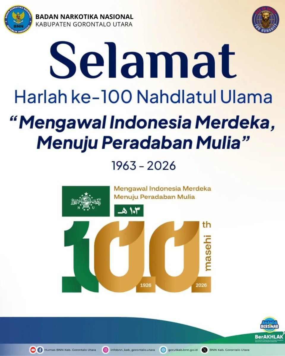 BNNKGORUT's tweet photo. Selamat Harlah Nahdlatul Ulama ke-100 tahun masehi, 
Mengawal Indonesia Merdeka Menuju Peradaban Mulia. https://t.co/2JqjyNBFem