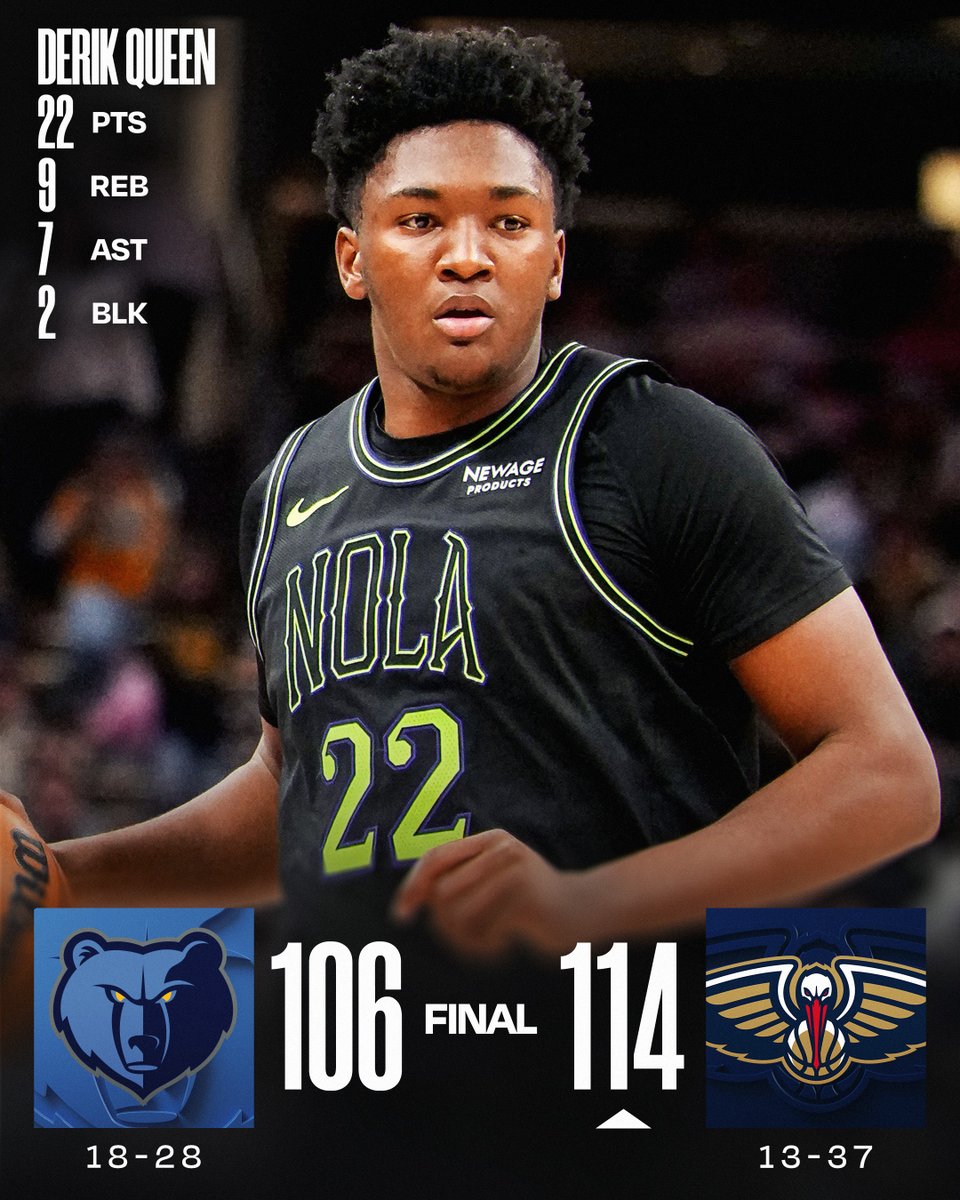 🏀 FRIDAY'S FINAL SCORES 🏀
Derik Queen and the @PelicansNBA defeat the Grizzlies!
Saddiq Bey: 22 PTS, 8 REB, 3 STL
Zion Williamson: 21 PTS (7-10 FGM), 7 REB