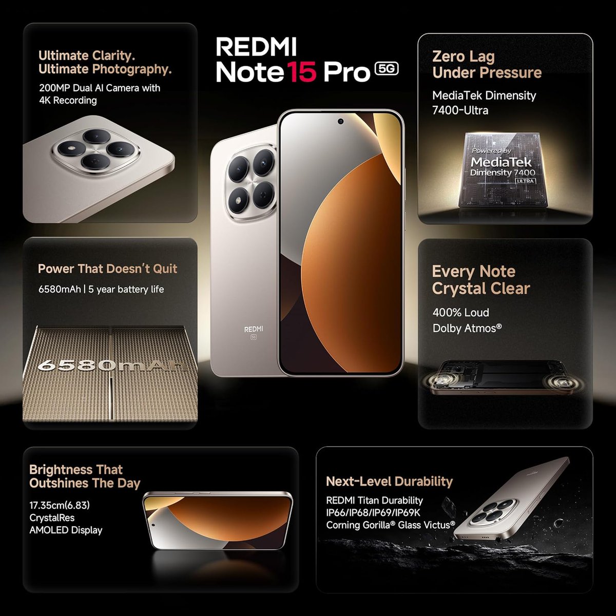 aditechzone's tweet photo. 📱 Redmi Note 15 Pro 5G launched in India 🇮🇳
📺 6.83" AMOLED CrystalRes 1.5K (2772×1280), 120Hz, 3200 nits
🛡️ Gorilla Glass Victus 2 | 3840Hz PWM
⚡ Dimensity 7400-Ultra
💾 LPDDR4X | 📦 UFS 2.2
🔋 6,580mAh silicon-carbon | ⚡ 45W fast charge
🤳 20MP front
#RedmiNote15Pro https://t.co/1XQVTi1af6