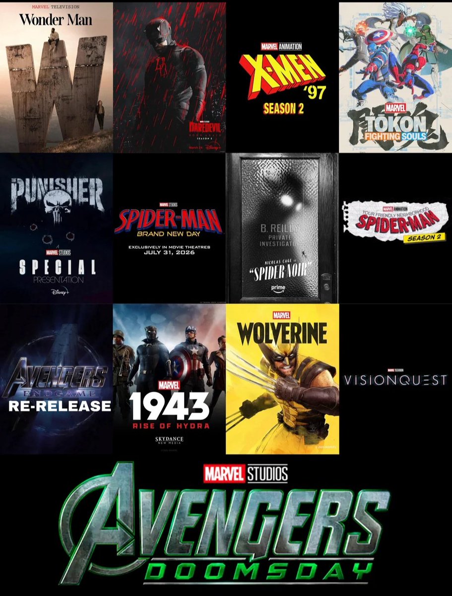 Marvel 2026 Projects 🚨 
-Wonder Man 
-DareDevil 
-X-Men 97 (season 2)
-Tokon
-Punisher
-Spiderman Brand New Day 
-Spider Noir 
-Visionquest 
-Avengers Doomsday