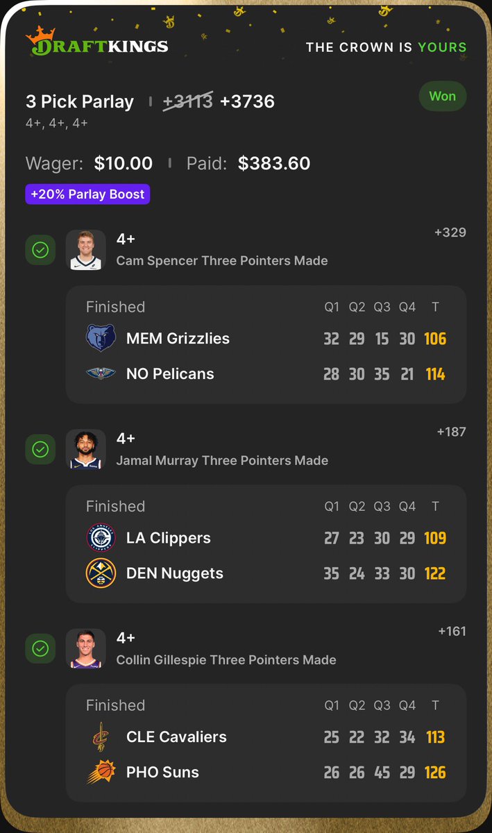 🏀 CORD HEATER ALERT – +3700 Parlay CASHED! 🔥🔥
Another monster hit for the squad!

3-Pick Parlay (+3736 ) on $10 → $383.60 PAID OUT 💰

Cam Spencer o3.5 3PM ✅

Jamal Murray o3.5 3PM ✅

Collin Gillespie o3.5 3PM ✅

The Cord stays cooking — sharp props, clean cash, no mercy.