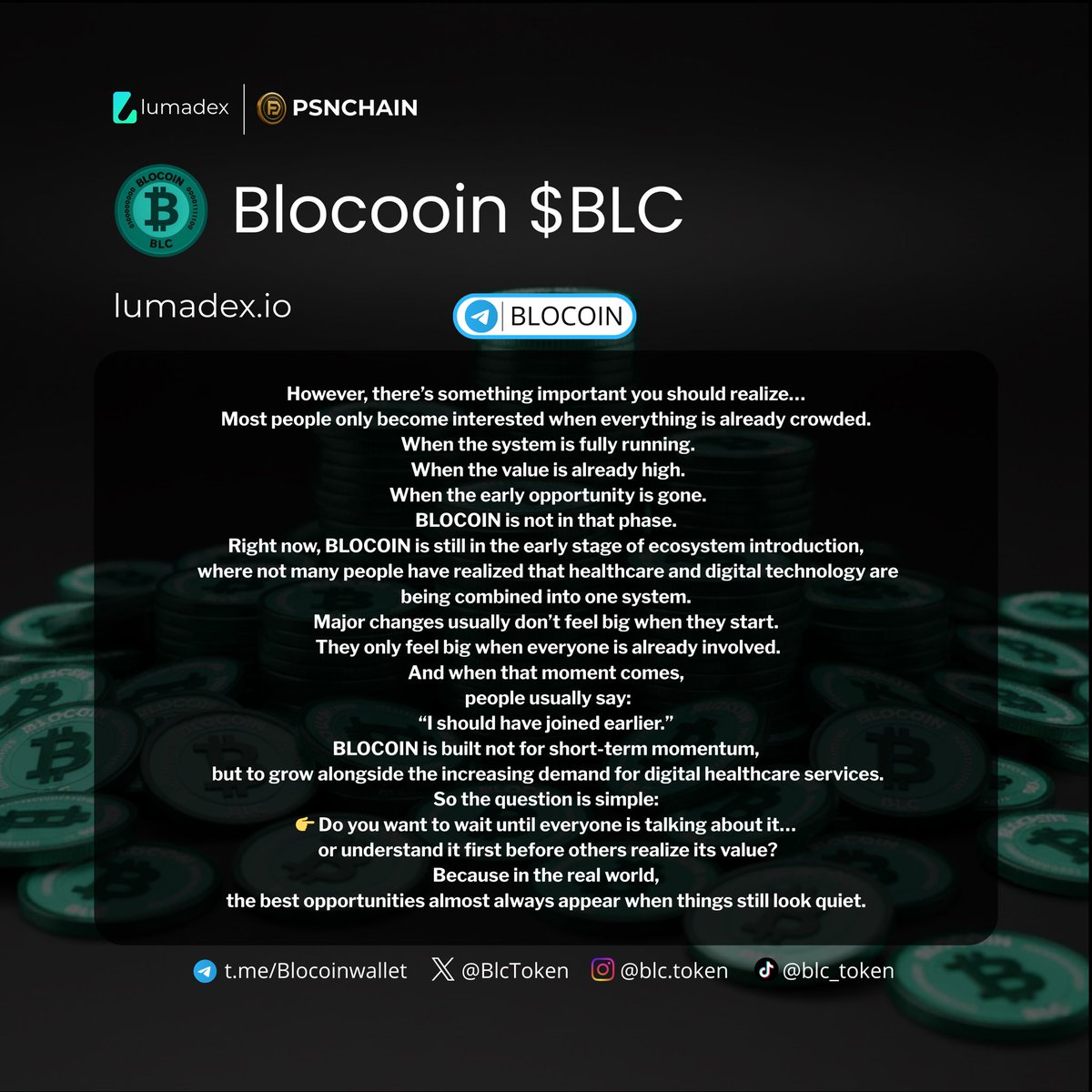 BlcToken's tweet image. Until now, we’ve only used healthcare services.
Now, there’s a way to become part of the system.
Introducing BLOCOIN ( #BLOCOIN #PSNMEDCARE #AsetDigital #KesehatanDigital #CryptoIndonesia