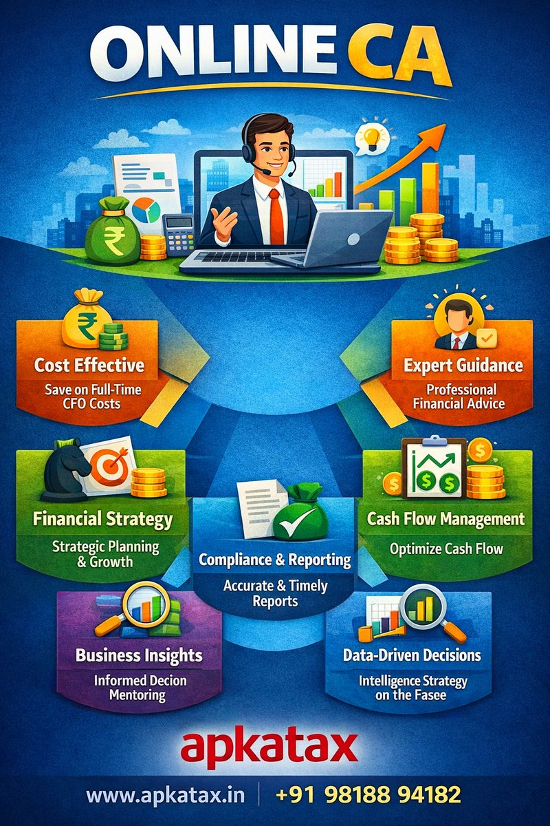 ApkaTax's tweet photo. Why hire full-time when you can go Online CA? 🚀
Expert guidance, smart compliance &amp; data-driven decisions — all at one place with ApkaTax.
📊 Grow smarter. Save more. Stay compliant.
🌐 https://t.co/G9pfqFvkxg | 📞 +91 98188 94182 https://t.co/qaZUiWHPtq