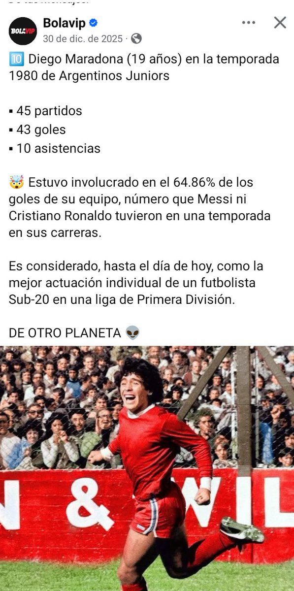 <a href="/ArgenRanks/">Rankings de Argentina</a> #Maradona 1980 contando Argentinos Jrs y selección 
77 partidos, 76 Goles, 20 asistencias.
Mejor actuación individual de un jugador de 19 años en toda la Historia 
Ese año fue goleador del torneo por 5ta vez consecutiva (récord aún no superado)
Ni en boca ni en Barcelona en AAAJ!