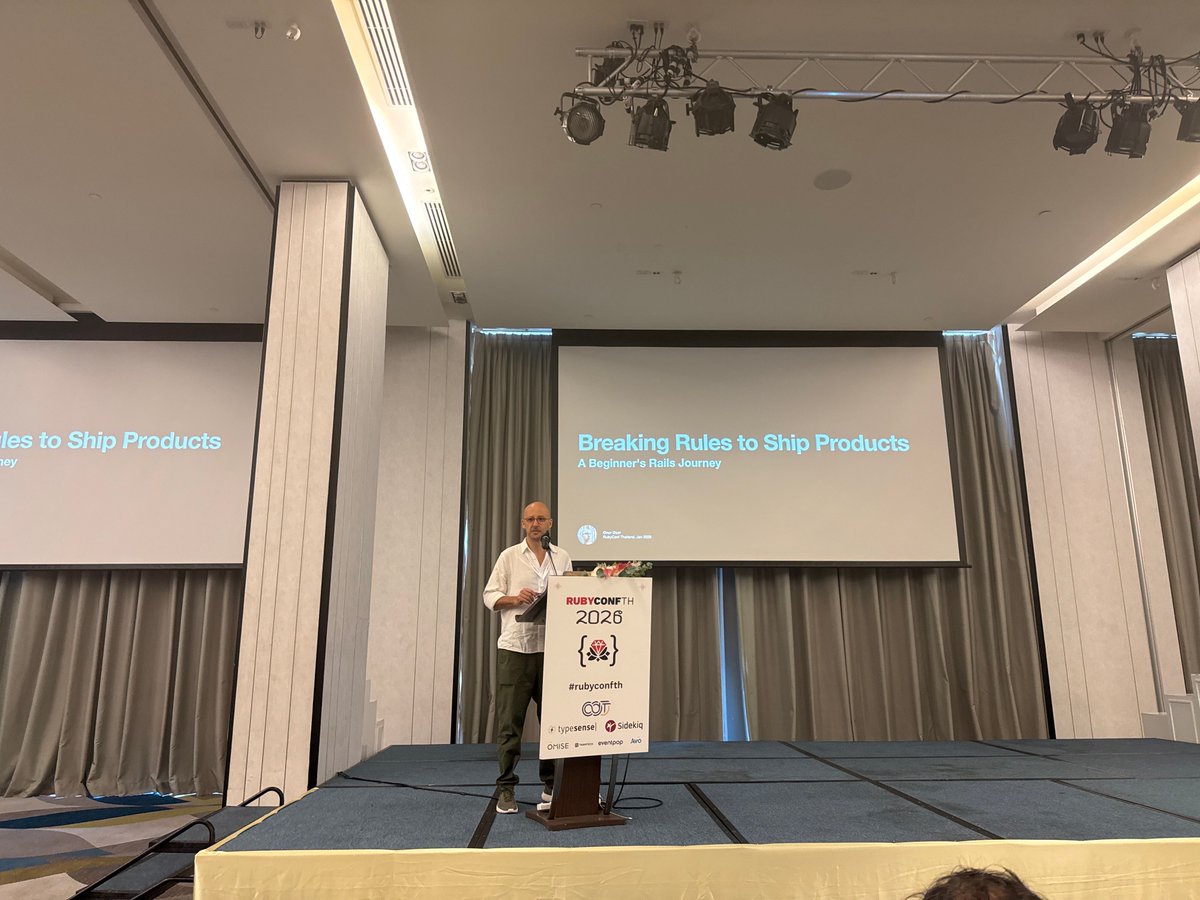 rubyconfth's tweet photo. #ruby is for rebels. Onur Ozer is now talking about “Breaking Rules to Ship Products”

#RubyConfTH https://t.co/8V83DASAad