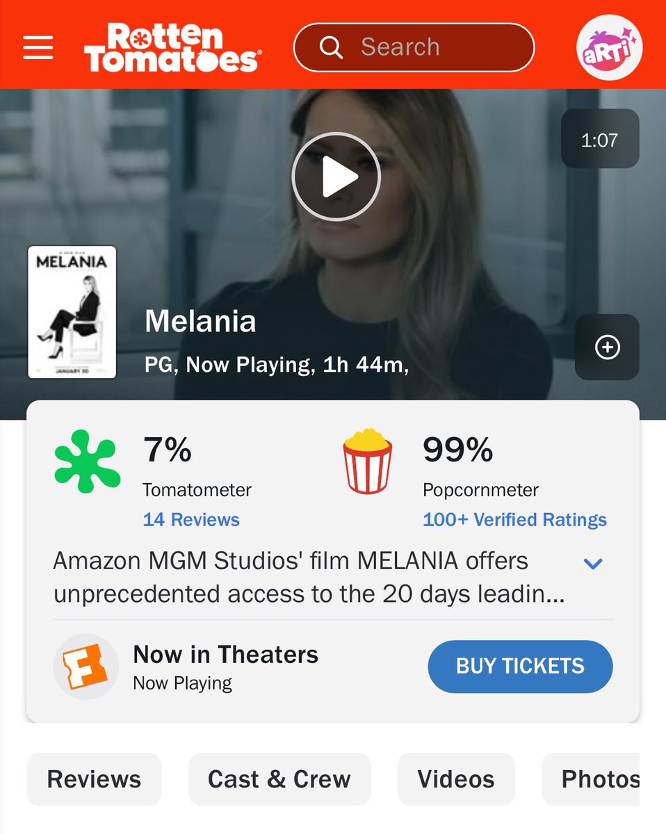 DiscussingFilm's tweet image. ‘MELANIA’ debuts with 7% on Rotten Tomatoes.

“I’d rather rewatch January 6th,” said one critic.