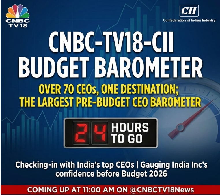 CNBCTV18Live's tweet photo. #CII4Budget2026 | CNBC-TV18-CII Budget Barometer

Over 70 CEOs, one destination; The largest pre-budget CEO barometer 

Checking-in with India's top CEOs with only 24 hours to go for Budget 2026 

Gauging India Inc’s confidence before Budget 2026

Coming up at 11:00 am on @CNBCTV18News

@followcii @cb @ciievents @cii4wr @CB_CII 

#CII4Budget2026 | #BudgetSession2026 
#BudgetForViksitBharat