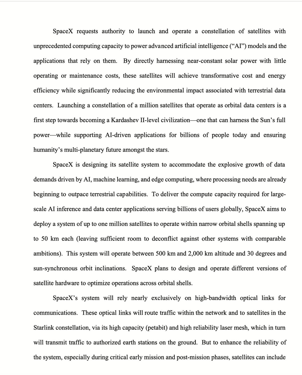 SpaceX가 FCC에 제출한 서류에 따르면, Orbital data centers를 갖춘 100만 개의 위성으로 구성된 위성군을 발사 및 운영하는 것에 대한 신청서를 제출함

1) 최대 100만 개의 위성을 배치하여 최대 50km의 좁은 궤도 영역 내 운용하는 시스템을 구축하는 것을 목표로함

2) 해당 시스템은 고도