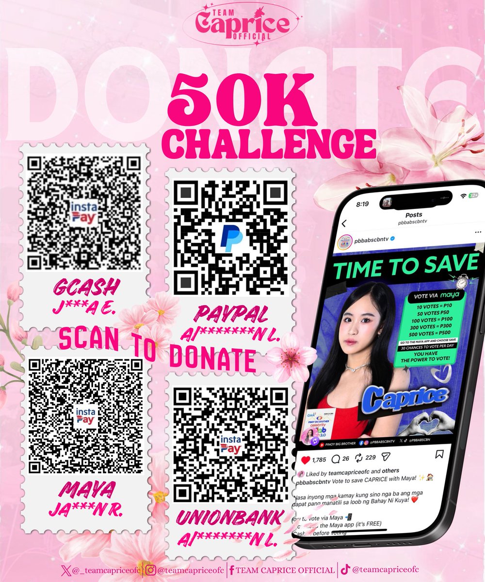 _teamcapriceofc's tweet photo. 🚨 URGENT: ₱50K CHALLENGE – DEADLINE 5:00 PM TODAY! 

We must unlock 3 exclusive Caprice photos from her PBB photoshoot dressing room! 🩷

Once we hit ₱50K, these special moments will be shared on Caprice’s Instagram.

If we don’t reach ₱50K, the photos will NOT be posted. Every peso counts. Every share matters. Officially approved by her handler! 

Reply your proof of donation NOW!
BBS CAPRICE #CapriceCayetano 

Ways to Donate:
•GCASH: 09947402253 (J E.)
•MAYA: 09166142015 (J R.)
•UNIONBANK: 109331474452 (A L.)
•GOTYME BANK: 09947402253 (J E.)
•PAYPAL: 09702421932 (A L.) – Use “Family” as the purpose