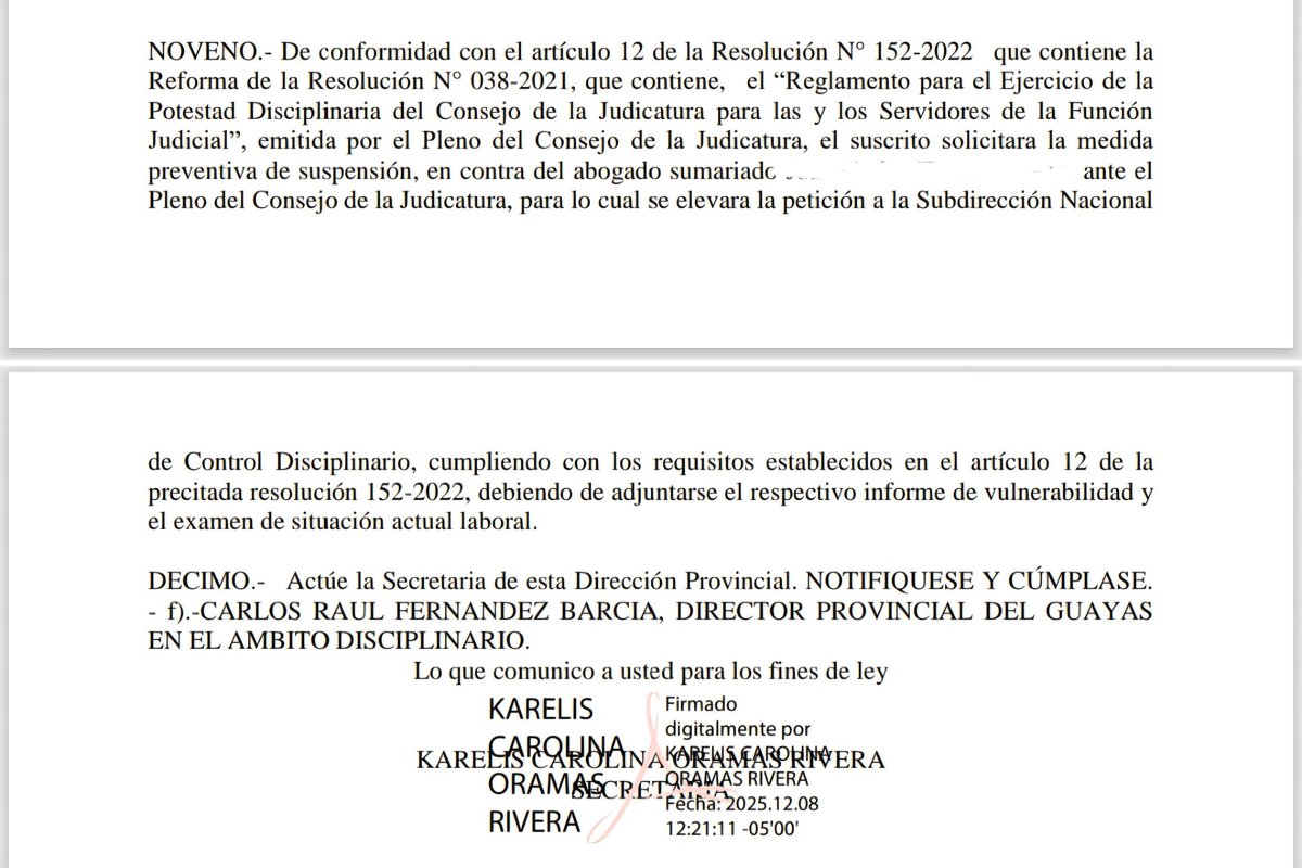 Dr. <a href="/FabianFabara/">Fabián Fabara Gallardo</a> le puede decir al Asesor CARRILLO, que ya sabemos que él tiene guardado el oficio de MEDIDA DE SUSPENSION DEL JUEZ JCTM de la Unidad Judicial Penal Norte 1 Florida, si desde el 08 de Diciembre del 2025. <a href="/CJGuayas/">CJGuayas</a>

Esto no debe pasar, la imagen del <a href="/CJudicaturaEc/">Consejo de la Judicatura</a>