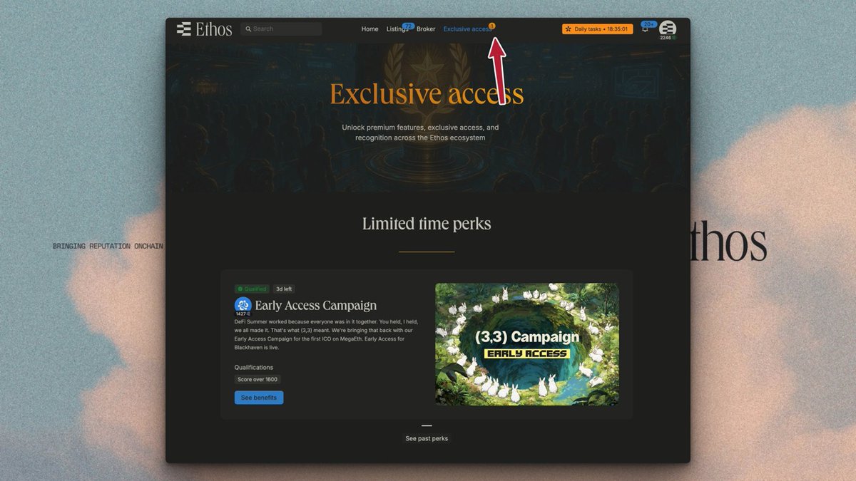 ethos_network's tweet image. 🚨 NEW Limited time perk for Ethos users over 🔵1600 credibility score

@blackhaven (on @megaeth soon!) is giving considerable boosts for their Early Access for qualified users 

1600+ 10% boost
1800+ 12.5% 
2000+ 15%

Even works if you've never signed up for Ethos!