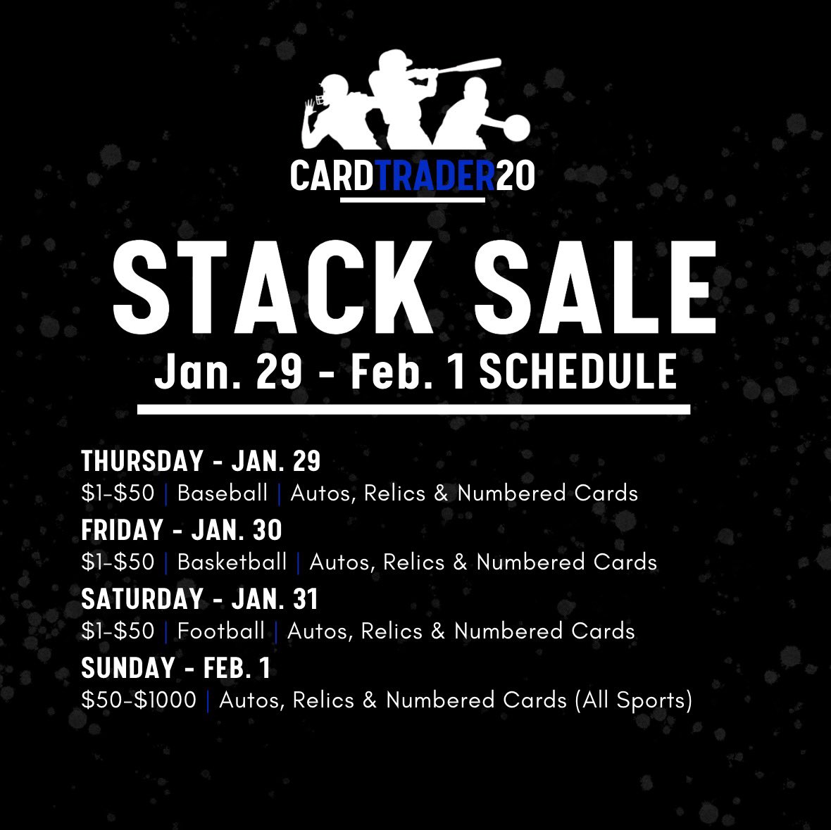 💥💥 Stack Sale Time 💥💥

Night #2 of my first stack sale of 2026! Check out the attached photo for the sale schedule each night. Sale rules will be posted right before the sale. You don’t want to miss this sale!

Sale will start in about 30 minutes at 6:30 MT.

Please retweet