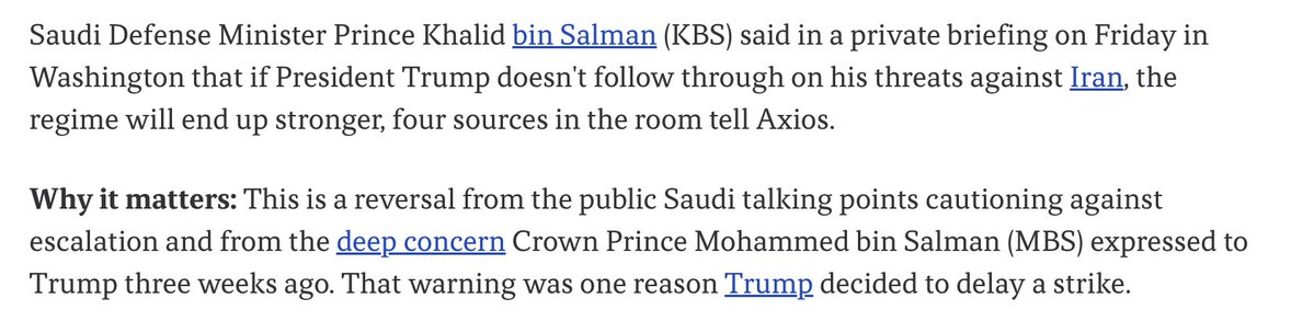 Faytuks's tweet image. BREAKING: Saudi Arabia's Defence Minister said in a private briefing today that Trump would have to take action against Iran, and if he doesn't, it would "embolden the regime", four sources in the room tell Axios.

axios.com/2026/01/31/sau…