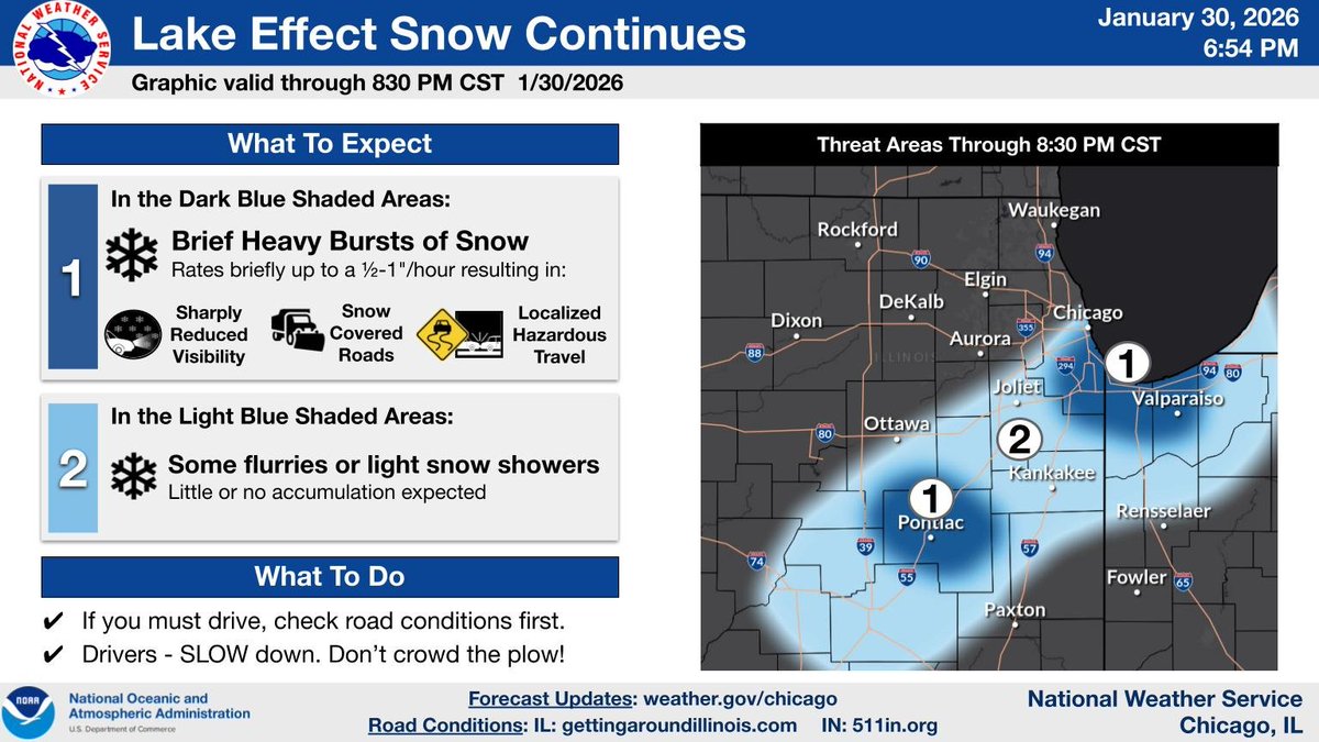 NWSChicago's tweet image. Scattered lake effect snow showers, some heavy, will continue thru 830 PM in the highlighted areas. The heaviest snow showers result in greatly reduced visibility, snow covered roads, and hazardous travel.