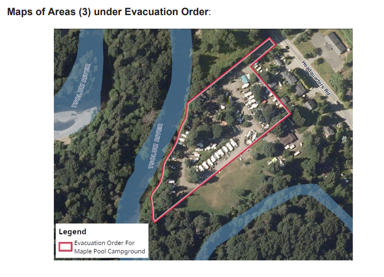 EmergencyInfoBC's tweet photo. The #Comox Valley Regional District has issued an Evacuation Order for Maple Pool Campground & some properties on Stephen Rd. & Headquarters Rd. due to the immediate danger to life safety caused by flooding. 
Impacted people must evacuate NOW. 
Evacuees can access support at the reception centre at Native Sons Hall, 360 Cliffe Avenue, Courtenay.
More info & map: https://t.co/qB7gkrp6z2
#BCFlood