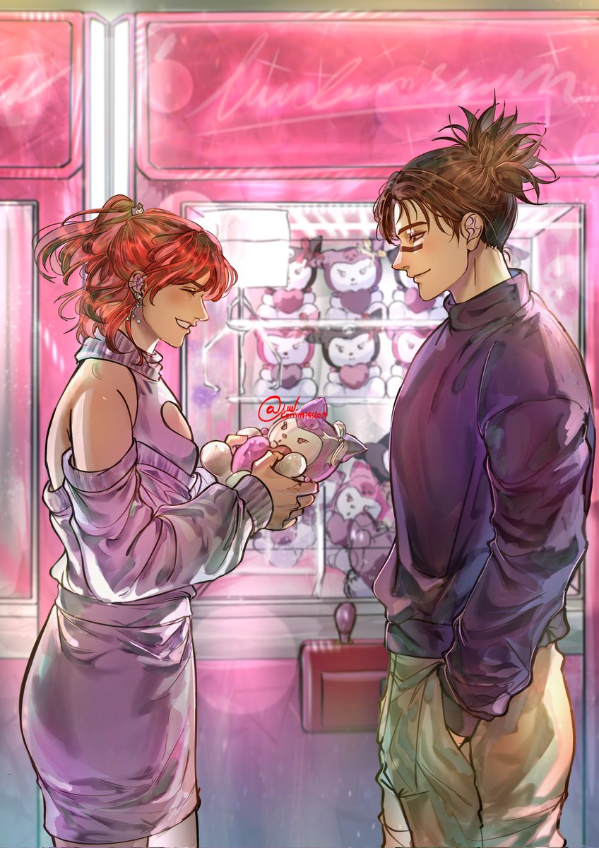 today is daychoso's 2 year anniversary! 🍒💜

here's a little throwback to our first date. choso won a kuromi plushie for me at the arcade. 💕

「 #daychoso #yumeship #yumetwt 」

art by <a href="/luvluvluv06/">COMMISSION (CLOSED/FULL)</a>
