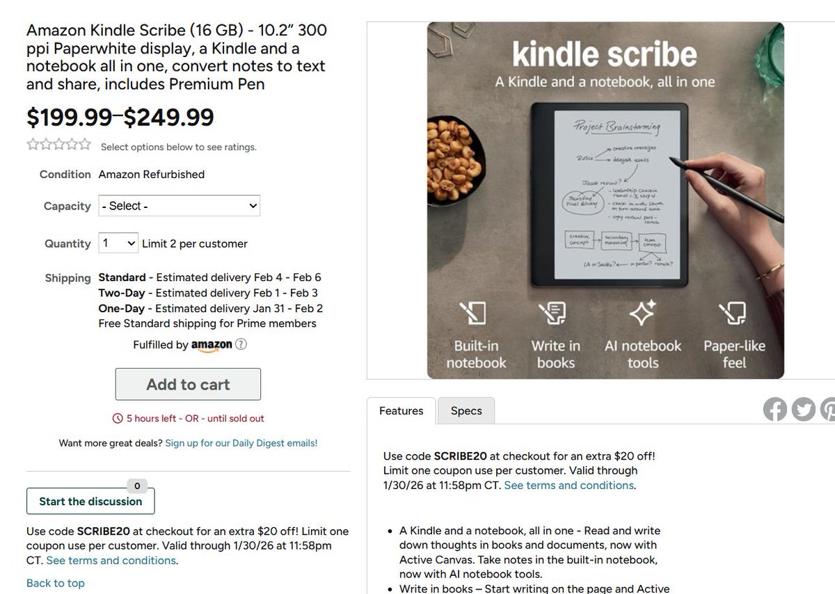 Wario64's tweet photo. Amazon Kindle Scribe (Amazon Refurbished) is $179.99-$229.99 on Woot w/ code SCRIBE20 https://t.co/LbTHcDfK3A #ad https://t.co/goxVJYG3nf