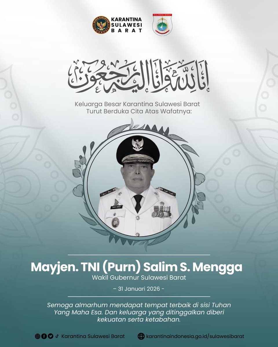 Innalillahi wa Inna ilaihi raji’un.

Keluarga Besar Karantina Sulawesi Barat menyampaikan duka cita yang mendalam atas wafatnya Wakil Gubernur Sulawesi Barat pada 31 Januari 2026.