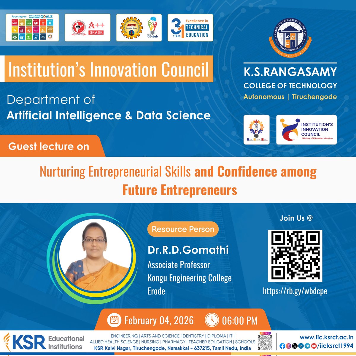 AI&amp;DS, KSRCT under IIC, organizing a Guest Lecture on “Nurturing Entrepreneurial Skills and Confidence among Future Entrepreneurs” on Feb 04, 2026.

#iicksrct1994 #ksrct1994 #ksr #ksrei #ArtificialIntelligence #DataScience #Entrepreneurship #Employability #EngineeringEducation