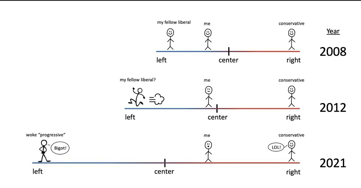 머스크가 오늘
역대  최고의 밈이라고 한 이미지 입니다.

과거 머스크도 사용한 적이 있는 이미지 .

자신은 중도좌파 정도 였다고
생각했는데

좌파가 계속 극단적으로 치우치다보니
자신은 우파가 되어있더라는 얘기.

정신병은 고치지 않으면 계속 심해진다는 뜻으로 보입니다.
좌파는 어느새