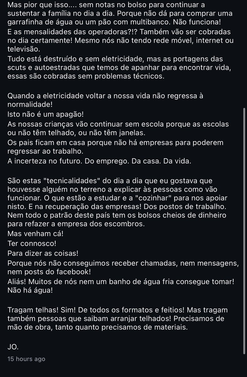 Preciso que compreendam uma coisa: isto NÃO é só um apagão. Quando a luz voltar, os problemas não desaparecem com ela. O pior ainda está para vir. Por favor, leiam e partilhem