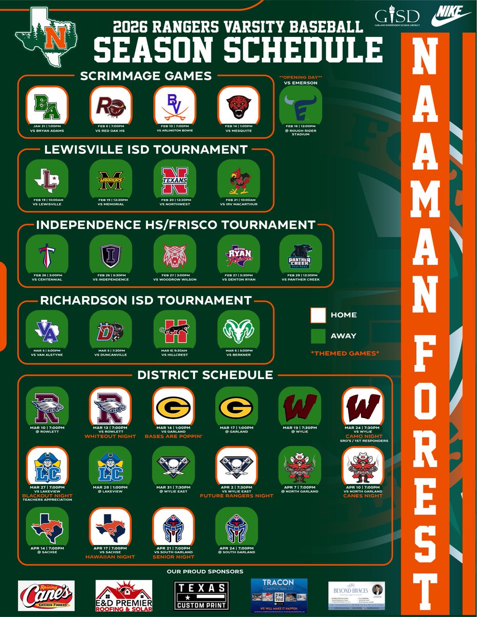 NaamanBaseball's tweet photo. 2026 Rangers Schedule drop 🔥 
Come out and support your NF Rangers all season long. #WAM #PFP #NaamanForest #RangersBaseball #Compete https://t.co/rNJcyE8mtO