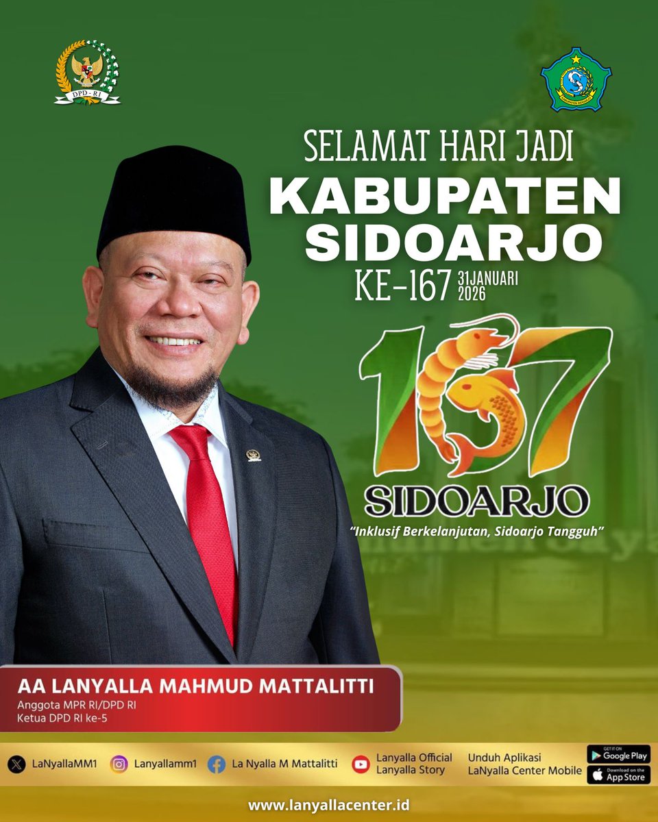 LaNyallaMM1's tweet image. Selamat Hari Jadi 
KABUPATEN SIDOARJO KE-167

SIDOARJO 
"Inklusif Berkelanjutan, Sidoarjo Tangguh"

#lanyalla #dpdri #dpdrijatim #Sidoarjo #inklusifberkelanjutansidoarjotangguh #lanyallaacademia #harjasda167