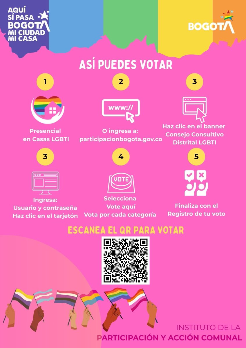 🏳️‍🌈 Participar es un acto de orgullo.
La democracia fortalece la diversidad en Bogotá.

 Vota este 7 de febrero en las elecciones del Consejo Consultivo LGBTI 2026-2028.

Escanea el QR o ingresa a 👉🏻
participacionbogota.gov.co

¡Tu voto cuenta! ¡Tu voz construye ciudad!

#AquíSíPasa