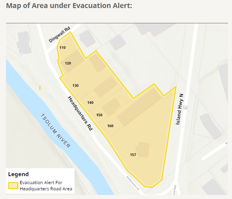 EmergencyInfoBC's tweet photo. The #Comox Valley Regional District has issued an Evacuation Alert for some properties on Headquarters Road due to potential flooding in the area. Anyone in the impacted area must be ready to leave on short notice.
More info & map: https://t.co/qB7gkrp6z2
#BCFlood