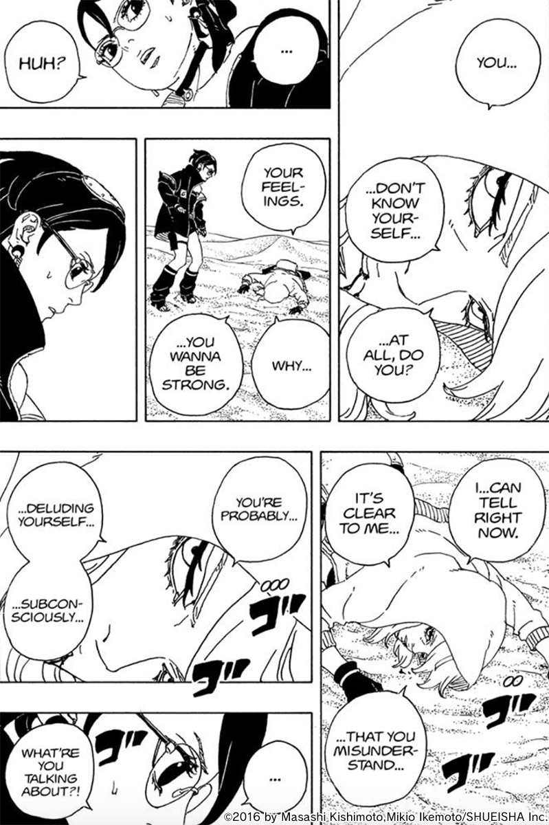 NARUTO_info_en's tweet photo. [#Boruto: Two Blue Vortex #20 "Because of Love"]

What "power" does Yodo think Sarada is holding back?

And what's happening with Sarada's eyes?!

#BorutoSceneSnippet https://t.co/p6vaLbpp5G
