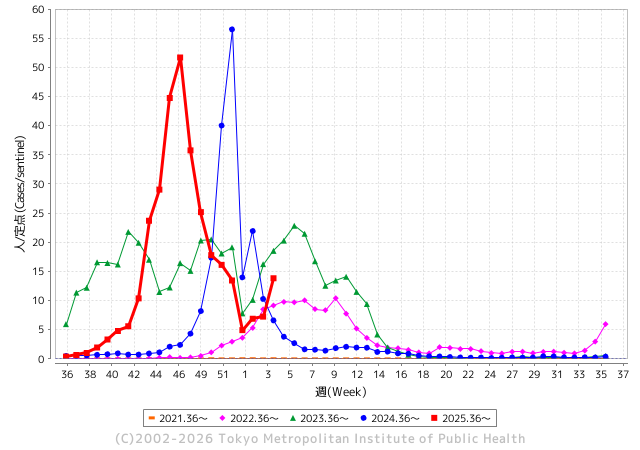 都内のインフルエンザ、収束していましたが、今週に入って一気にリバウンドをし始めました

現在の流行はB型によるものです

数週間前に流行ったA型とは別なので、A型に感染した方がまたB型にかかる症例も多く見られます

皆様、人混みでのマスクや手洗い等の感染対策を心がけてください