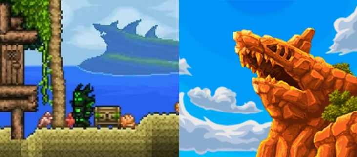 One of the new backgrounds in the Terraria 1.4.5 update contains a Pokemon Mystery Dungeon reference to Sharpedo Bluff.

This was soft confirmed by the artist, u/Cheezemanic.