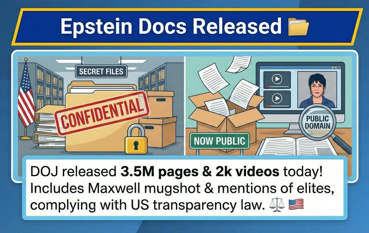 UpdateWasPlain's tweet image. 🚨Epstein Docs Released 📂

DOJ released 3.5M pages &amp;amp; 2k videos today! Includes Maxwell mugshot &amp;amp; mentions of elites, complying with US transparency law. ⚖️🇺🇸