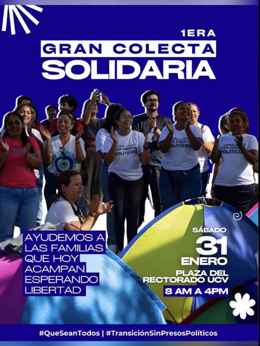 Ulul4r's tweet image. ATENCIÓN CARACAS 

Mañana 31 de enero, en la Plaza del Rectorado de la UCV.

Lleven alimentos no perecederos, productos de higiene personal, todo lo que crea pertinente para apoyar a los familiares de los presos políticos. 

Recuerden que ellos están en carpas.

Si está en el…