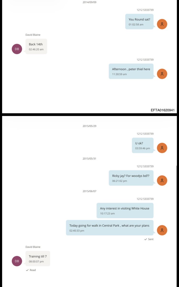 ciazarn's tweet photo. @RobertSkvarla Thiel pops up in a text exchange between David Blaine and Epstein. They uploaded two copies of the exact same conversation but didn’t bother redacting Blaine’s name in one of them https://t.co/o2FI9nFMnR