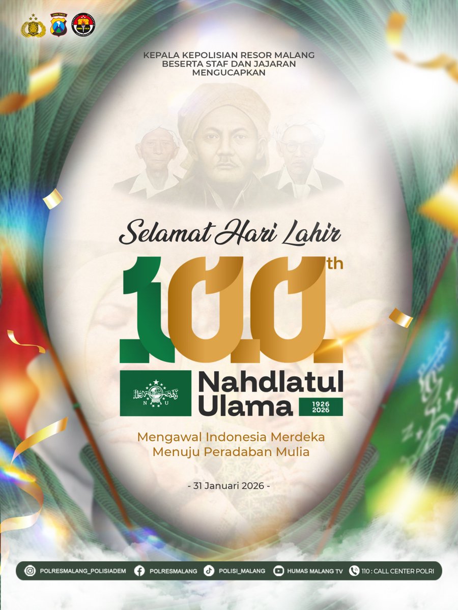 Selamat Hari Lahir Nahdlatul Ulama ke-100 Tahun.

Satu abad mengabdi untuk agama, bangsa, dan negara.
Semoga NU senantiasa menjadi penjaga persatuan, penebar kedamaian, dan penguat nilai Islam rahmatan lil ‘alamin.