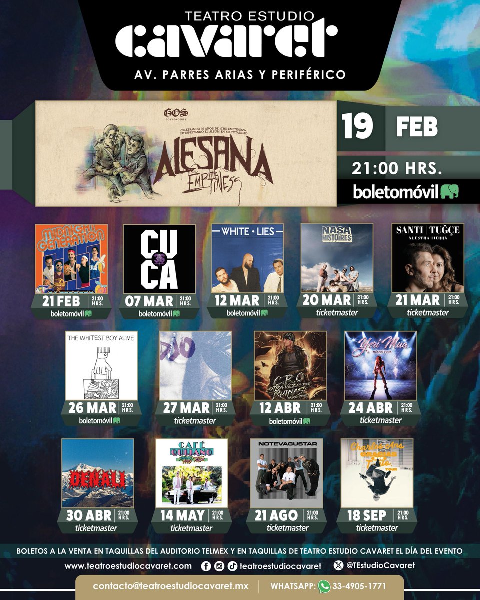 🔥 ¡La música no para en el Teatro Estudio Cavaret! 🔥
Estos son los shows que te esperan en este 2026 🎶

📅 Checa la cartelera completa y no te pierdas a tus artistas favoritos en vivo.

🎫 Boletos disponibles en Ticketmaster, Boletomóvil y taquillas del Auditorio TELMEX.